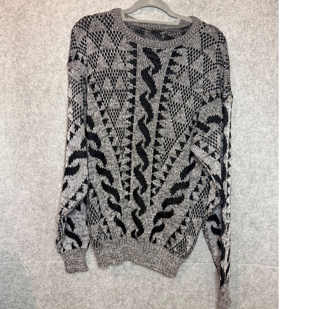 Vintage 80s Sweater Mens M Black Gray Abstract Knit Made USA Geometric Grandpa